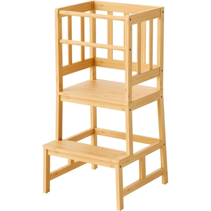 Toboli Kinderstuhl Lernturm aus Bambus, BxTxH 46 x 46 x 89 cm mit Geländer, Schutzstab, Lernstuhl für Kinder, Braun