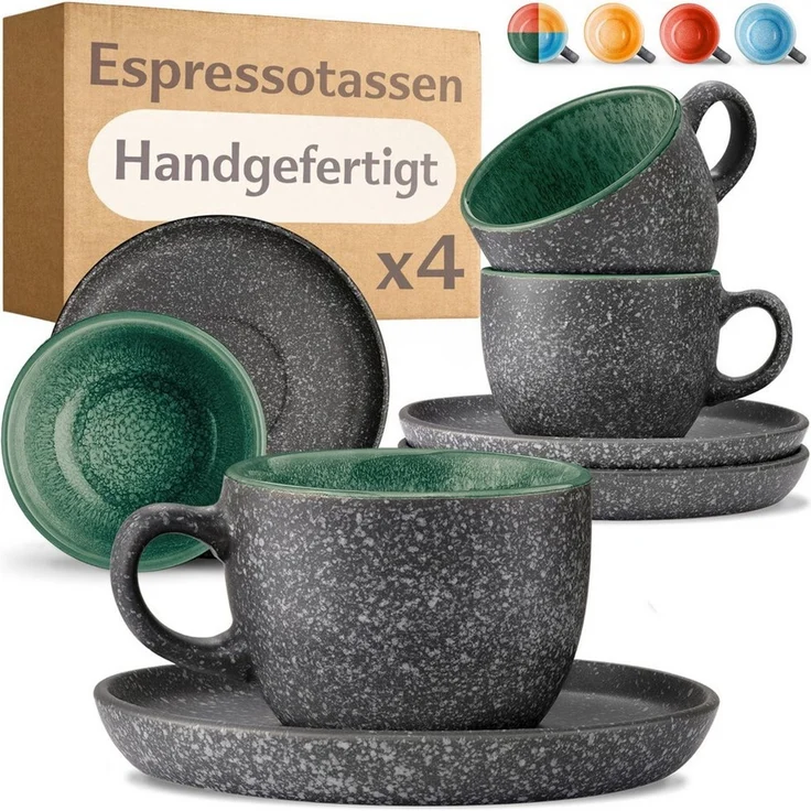 Cosumy Cappuccinotasse Espressotassen mit Untertassen 4er Set - 90 ml Keramik Grün, 8-tlg, Keramik, Warm – Bild 1