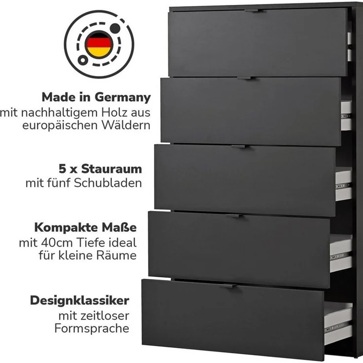 mokebo Sideboard Die Stilvolle (80x117x40cm, mit 5 Schubladen), Nachttisch, Anrichte, Sideboard fürs Schlafzimmer in Schwarz