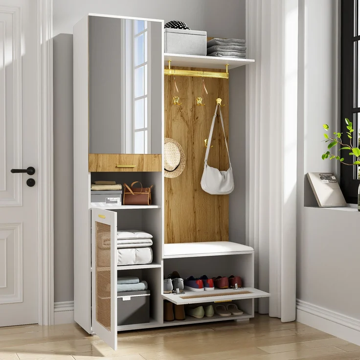 Großer Garderobenschrank mit Spiegel, LED-Beleuchtung 16 Farben, Rattan-Optik Türen, Sitzbank & viel Stauraum für Flur und Eingangsbereich – Bild 6