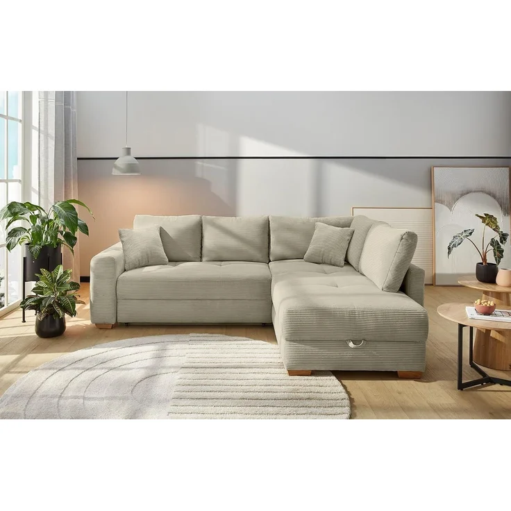 Ecksofa-Dauerschläfer Boxspring Federkern-Couch Topper Bettkasten, Cord Beige Grau – Bild 1