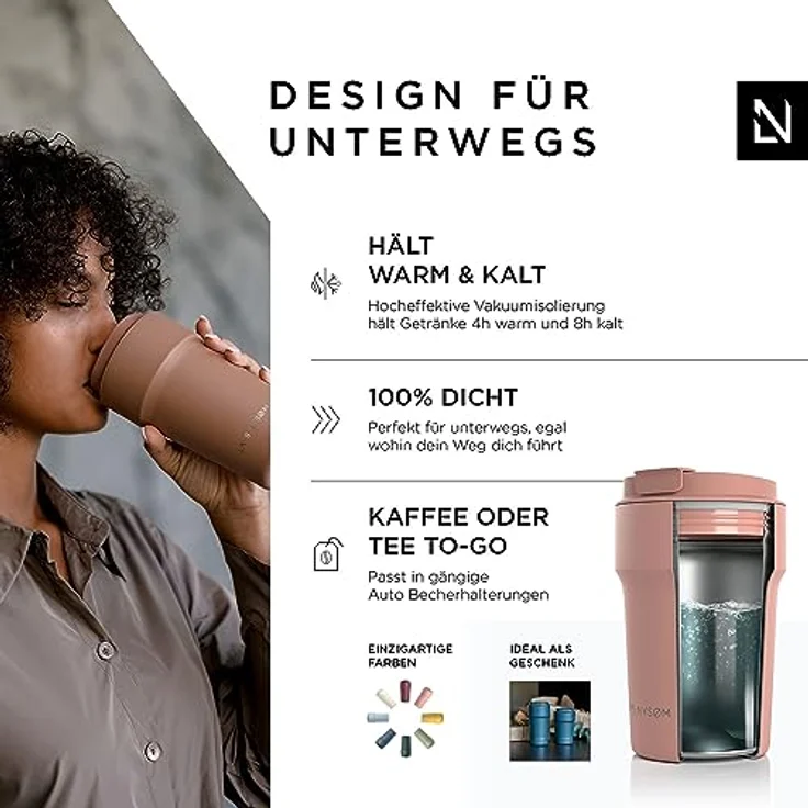 LARS NYSØM Thermo Kaffeebecher to go 380ml | Travel Mug 0,38 Liter mit Vakuumisolierung | Auslaufsicherer Edelstahl Thermobecher für Kaffee und Tee unterwegs | Teebecher (Blush Rose, 380ml) – Bild 2