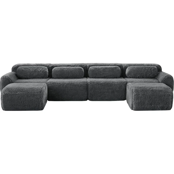 Sofa 4 Sitzer 2 Hocker U Form Kissen Grau 4-Sitzer Sofa + 2 Hockern – Bild 8
