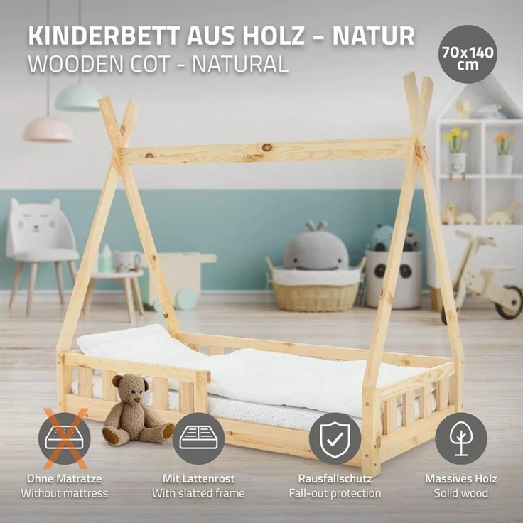 ML-DESIGN Spielbett Hausbett Tipi Zeltbett inkl. Lattenrost Bodenbett Kinder Himmelbett, Abenteuerbett mit Rausfallschutz Zelt Kinderbett Kiefer Kinderhaus – Bild 2