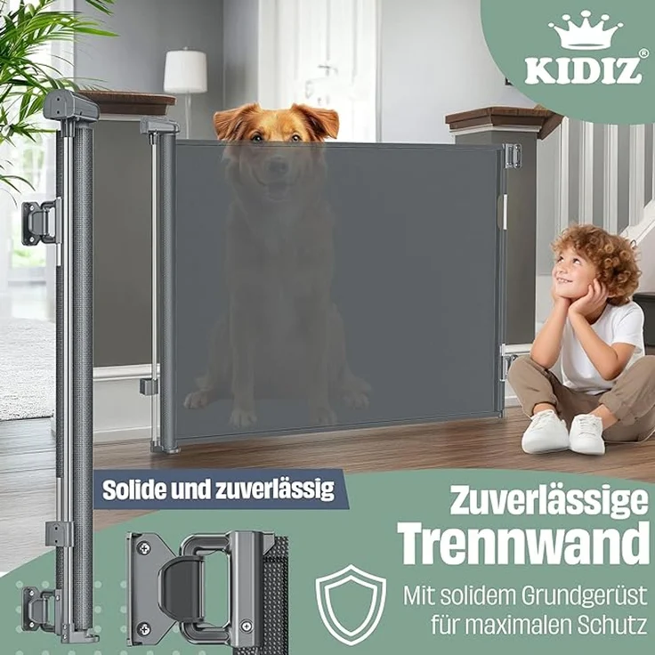 KIDIZ® Treppen- und Türschutzgitter, kindersicher für Babys & Haustiere, inkl. Bodenanker & Montagezubehör, Anthrazit, ausziehbar bis 140/180cm – Bild 2