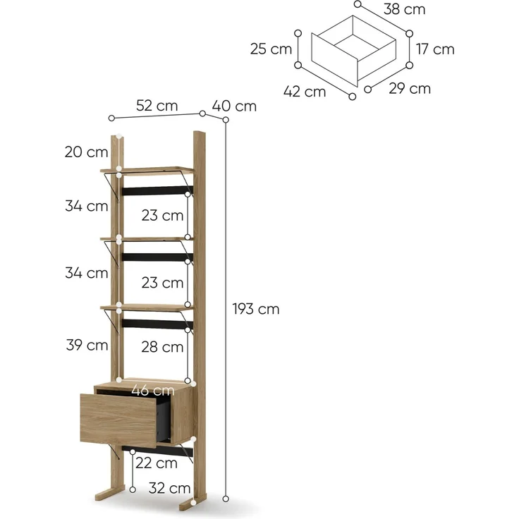 Selsey 'Ollie' Standregal mit 3 Fächern und Schublade, Eichenholzoptik, 52 cm breit 193 x 52 x 40 cm – Bild 4