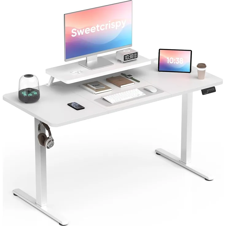 Sweetcrispy Höhenverstellbarer Schreibtisch mit Monitorständer, 140x60 cm Schreibtisch Höhenverstellbar Elektrisch, Ergonomischer Steh-Sitz Tisch, Computertisch Standing Desk, Weiß