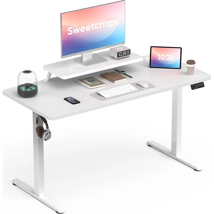 Sweetcrispy Höhenverstellbarer Schreibtisch mit Monitorständer, 140x60 cm Schreibtisch Höhenverstellbar Elektrisch, Ergonomischer Steh-Sitz Tisch, Computertisch Standing Desk, Weiß – Bild 1