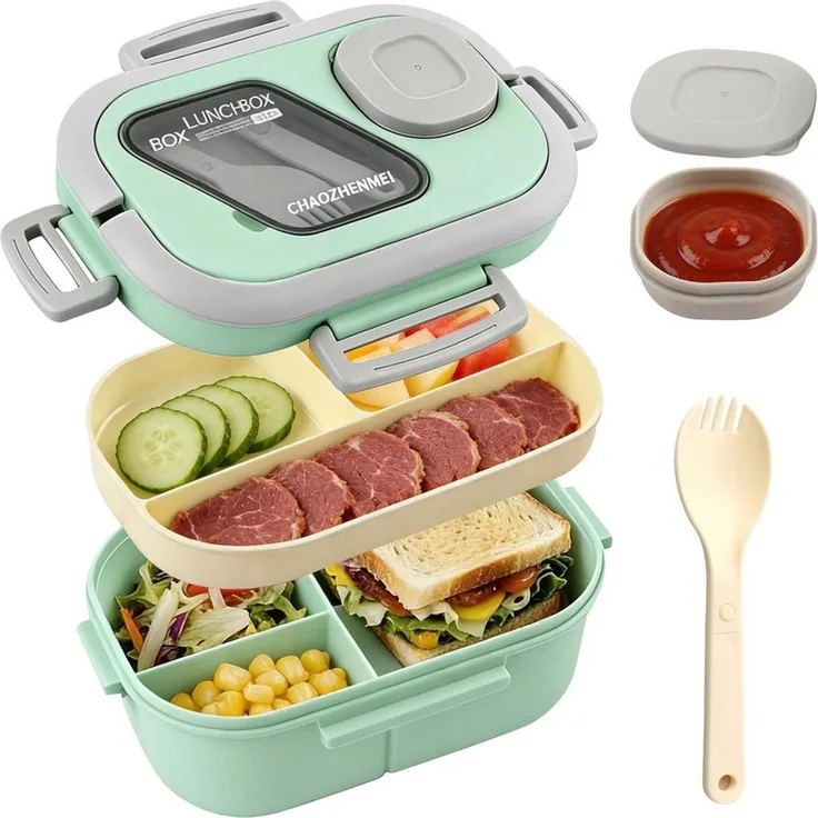 Diwzbyn Lunchbox Bento Box Lunchbox 2-stufig, 6 Fächer, Auslaufsicher, BPA-frei, Mit Saucenbehälter & Besteck, mikrowellengeeignet, 1200 ml