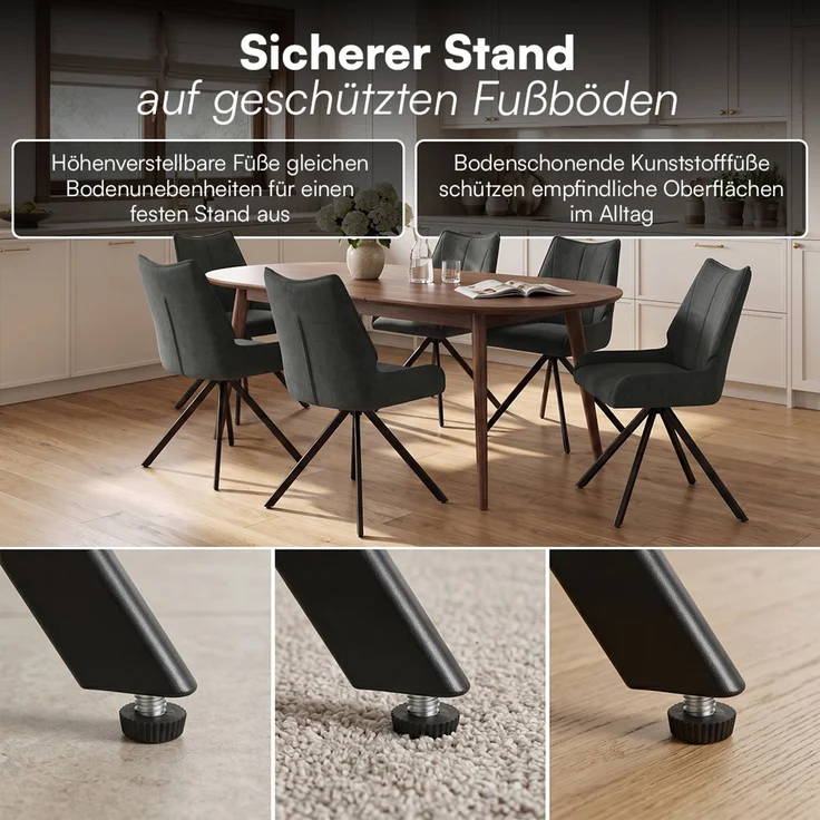 skølm 'Freyja' Esszimmerstühle, 6er Set, anthrazit, gepolsterter Leinenbezug, höhenverstellbar & drehbar, Polsterstühle mit Armlehnen – Bild 5