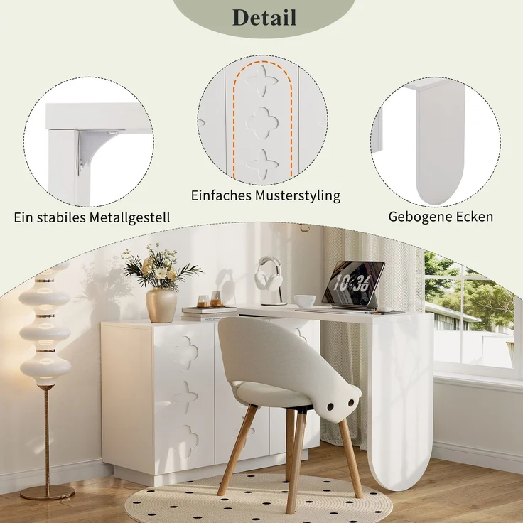 Schreibtisch, drehbarer L-förmiger Eck-Computertisch, Bürotisch, Frisiertisch, weiß 110 cm – Bild 10