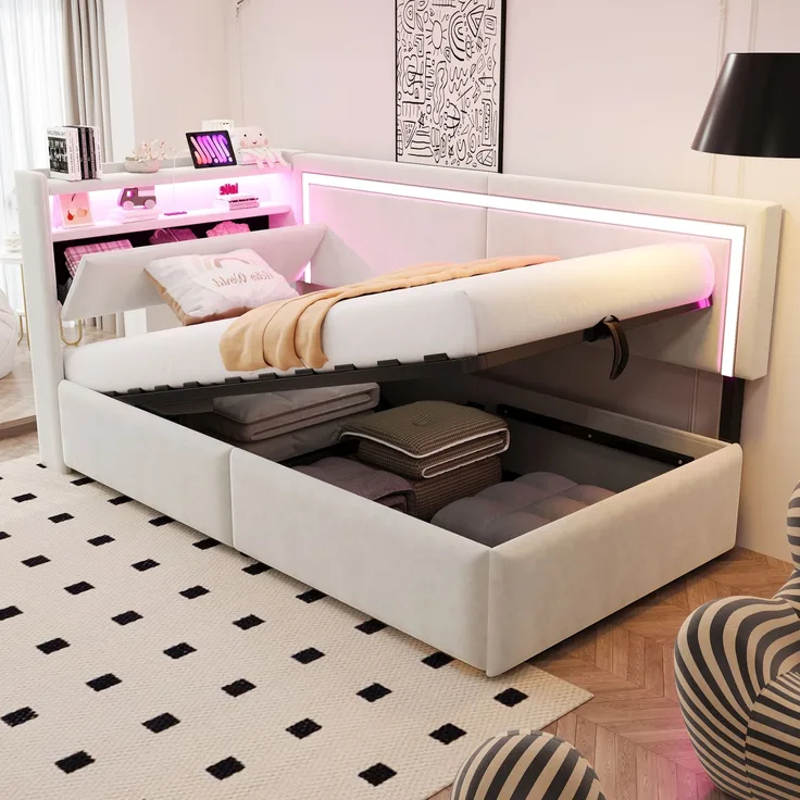 Polsterbett Schlafsofa 90x200 cm Mit LED-Beleuchtung und USB-Ladeanschlüssen. Kopfteil Lässt Sich Zum Verstauen öffnen. Hydraulisches Stauraumsystem unter Dem Bett, Samtstoff Beige