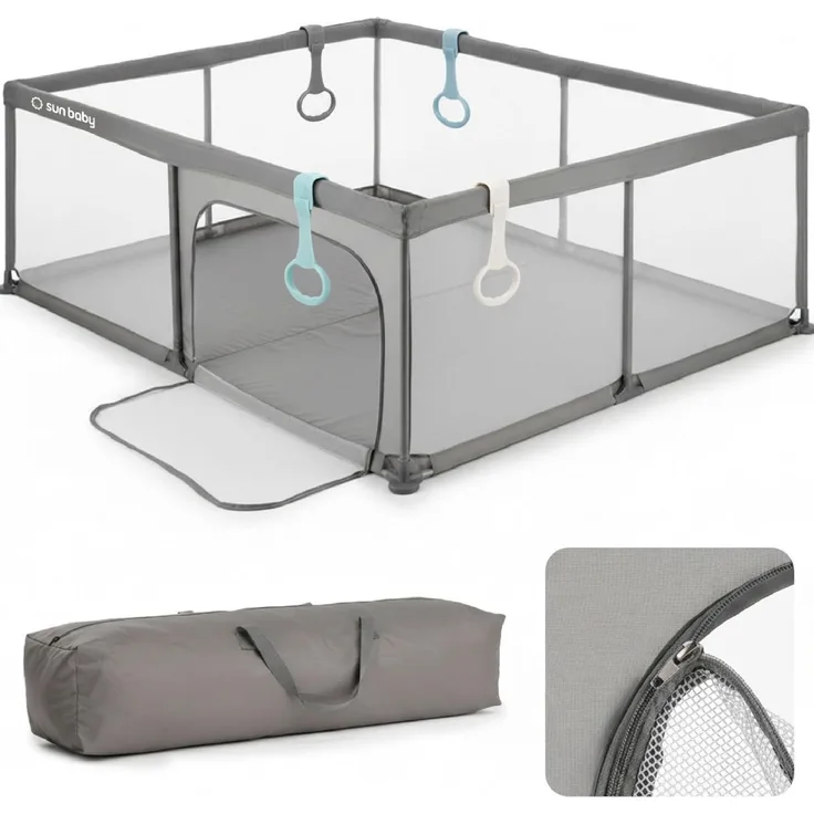 sun baby Laufstall mit grünen Griffen 150x200 cm 0-2 Jahre Grau, Polyester, Netzwände, Eingang mit Reißverschluss, rutschfeste Füße, Tragetasche im Set, Metallrahmen