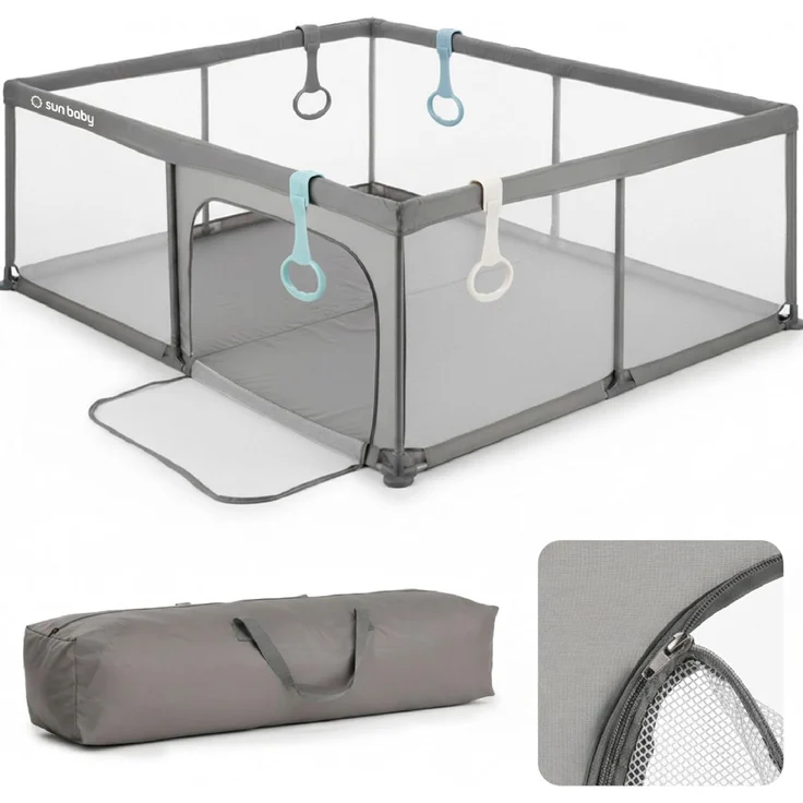sun baby Laufstall mit grünen Griffen 150x200 cm 0-2 Jahre Grau, Polyester, Netzwände, Eingang mit Reißverschluss, rutschfeste Füße, Tragetasche im Set, Metallrahmen – Bild 1