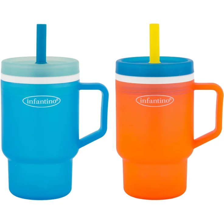 Infantino My 1st Tumbler, 295 ml Robuster Trinklernbecher aus Kunststoff mit Strohhalm und Griff, Auslaufsicher, für Unterwegs, BPA-freier Übergangsbecher für Babys, High Tide/Citrus Splash
