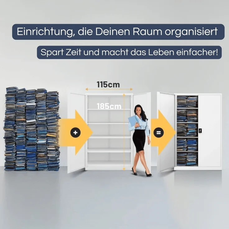 Aktenschrank abschließbar KADO - 5 Ebenen verstellbar, Flügeltüren | Metallschrank Werkstatt Mehrzweckschrank Büroschrank aus Stahl Werkzeugschrank, 185x115x40cm Weiß – Bild 3