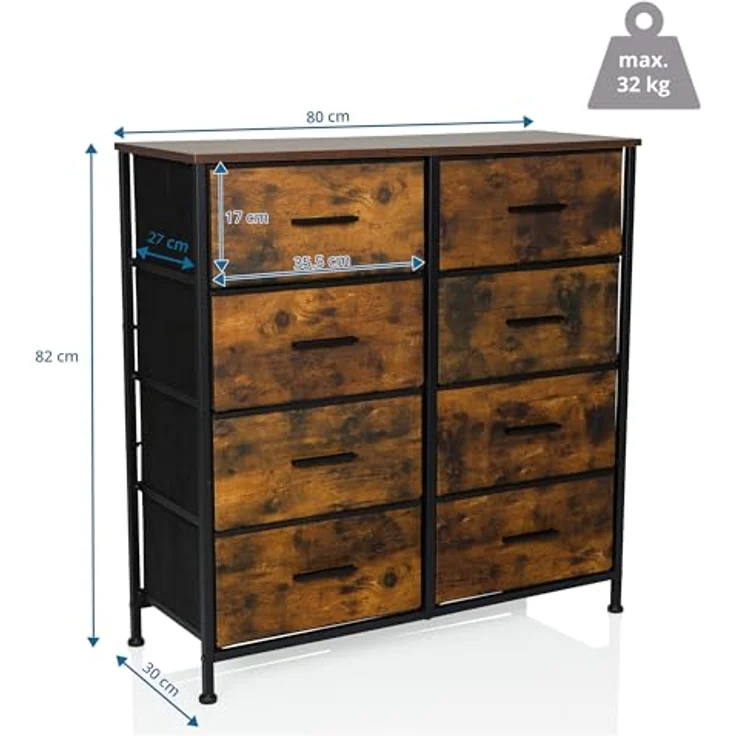 hjh LIVING Kommode mit 8 Schubladen RAGALA Light 80 x 30 x 82 cm Regalsystem Sideboard für Wohnzimmer Schlafzimmer Flur, Räuchereiche – Bild 4