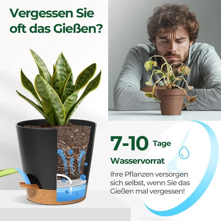 T4U 20cm Kunststoff Blumentopf Selbstbewässerung 3er-Set Schwarz – Bild 4