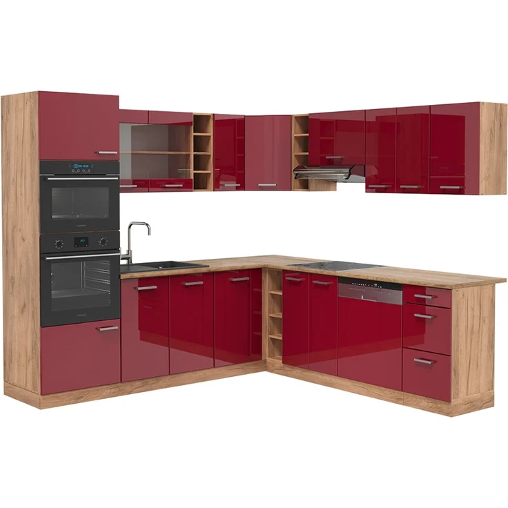 Eckküche R-Line Rot Hochglanz/Goldkraft Eiche 247 x 46 cm ohne Arbeitsplatte Vicco – Bild 1