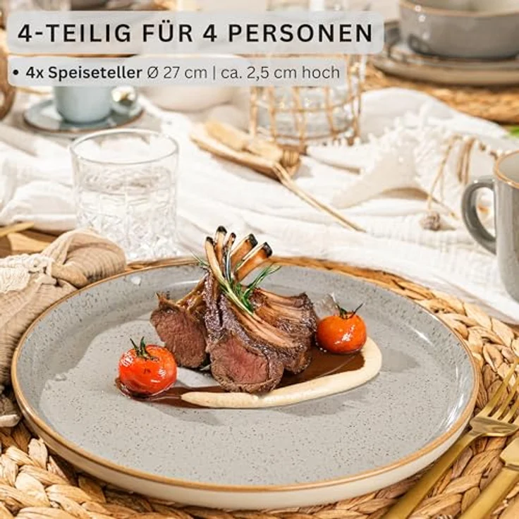 Sänger Rio Perlgrau Speiseteller Set, 4 Teller aus kratzfester Keramik, Ø 27 cm, mikrowellen- und spülmaschinenfest – Bild 2