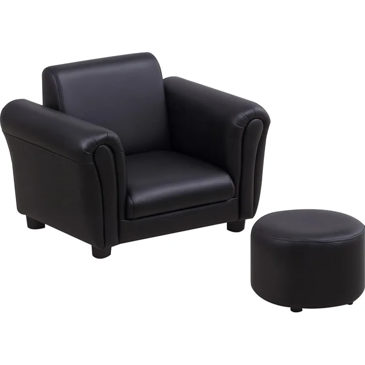 HOMCOM Kindersessel mit Fußhocker Kindercouch Kindersofa Minisofa für 1,5-3 Jahre Kinder Kindermöbel Holz Schwarz 54 x 42 x 41 cm