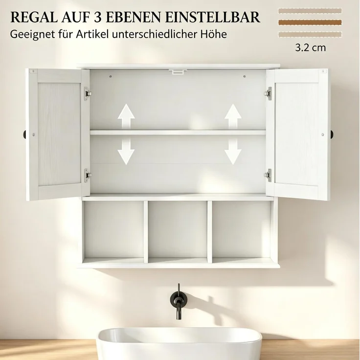 Badezimmer-Wandschrank 60 x 19,5 x 60 cm mit 2 Türen, offenen Fächern und verstellbarem Einlegeboden – Bild 5