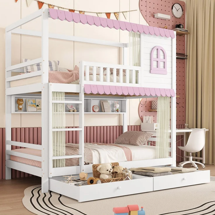 Merax Etagenbett 90x200cm mit 2 Schubladen, Kinderbett Hausbett mit Regal, Hochbett mit Lattenrost und Leiter, Stockbett Holzbett, Weiß+Rosa – Bild 5