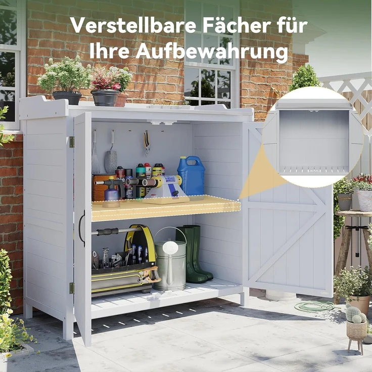 Aoxun Gartenlagerhaus aus Holz, Werkzeugschrank mit verzinkter Platte und verstellbarem Regal, Pflanzwerkbank für Gartengeräte, 98 x 47 x 94 cm, Grau – Bild 5