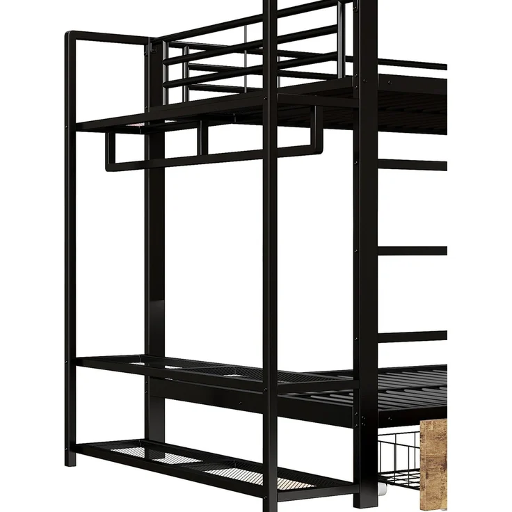 Etagenbett mit Schubladen, RGB LED-Streifen, Kleiderstange, Regal, Lattenrost und Leiter, 140x200 cm, Kinderbett mit Rausfallschutz, Metallbett – Bild 10