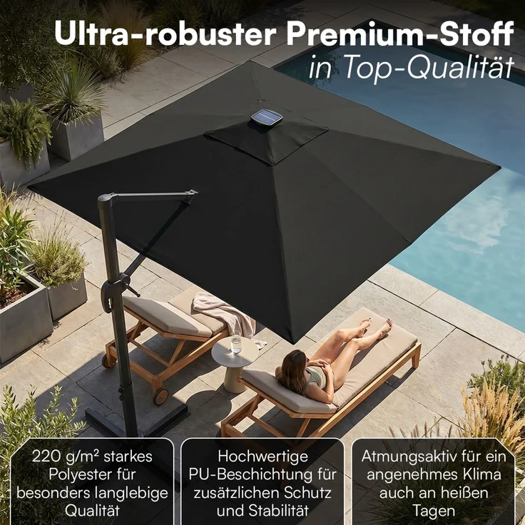 STEELSØN 'Elaris' Premium Sonnenschirm 300x300 cm quadratisch mit LED, neigbar und 360-Grad drehbar, schwarz, Ampelschirm inkl. Hülle, extrem robuste Metall-Stange, 220 g/m² Polyester, UV50+ – Bild 6
