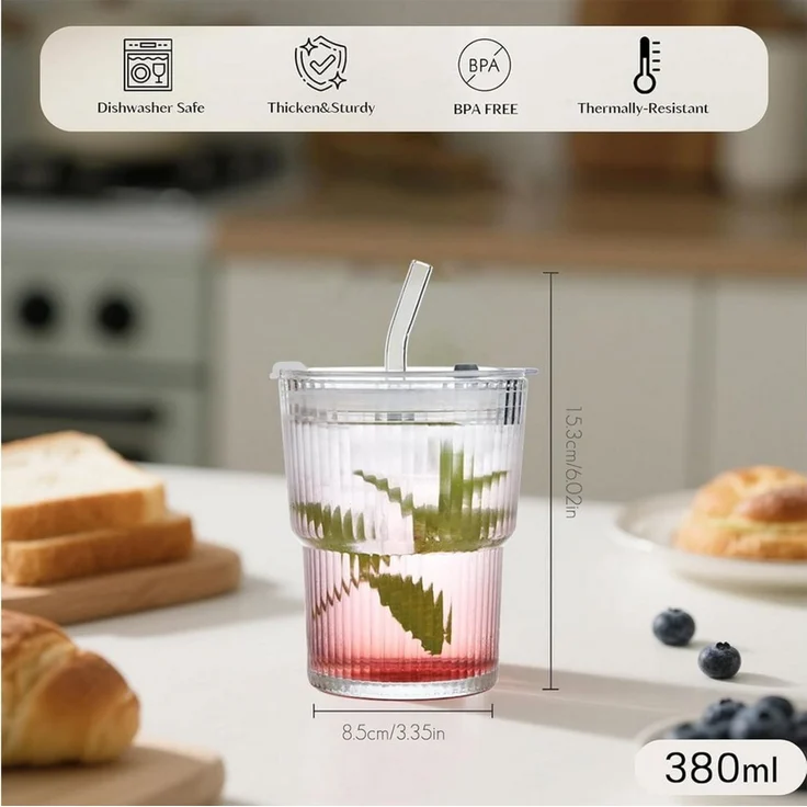 FANNOU Gläser-Set Gerippte Glasbecher mit Deckel und Strohhalm, 2-tlg, luftdichtes und wasserdichtes Design, ideal als Kaffee – Bild 2
