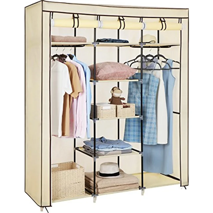 Songmics Kleiderschrank, Faltschrank, Stoffschrank, faltbare Garderobe mit 2 Kleiderstange, 175 x 150 x 45 cm, Beige RYG12M – Bild 3