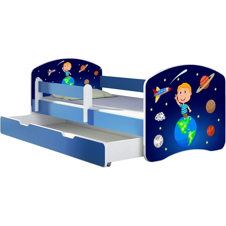 ACMA Kinderbett Jugendbett mit Einer Schublade und Matratze Blau mit Rausfallschutz Lattenrost II 140x70 160x80 180x80 (22 Kosmos, 140x70 + Bettkasten) – Bild 1