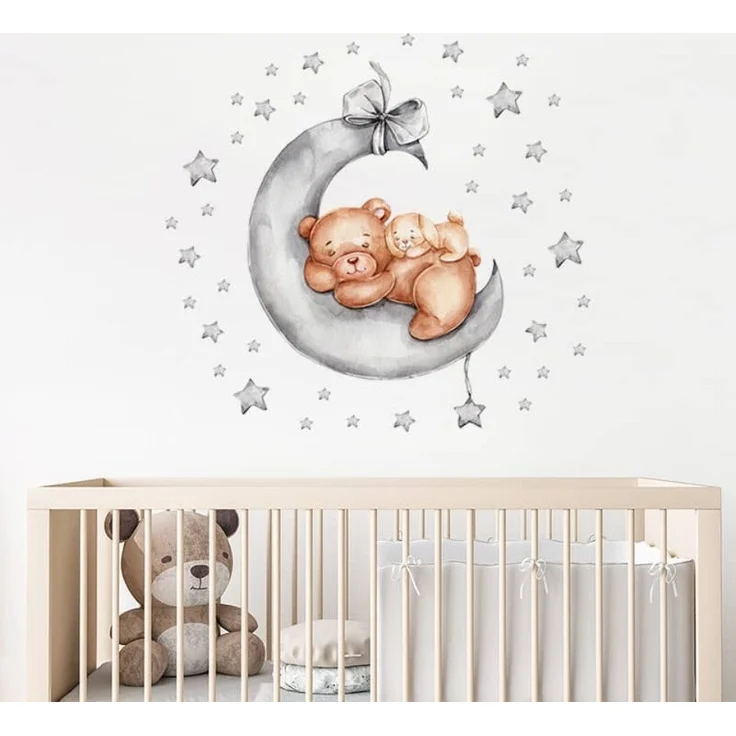 Montegoni Wandsticker Gute Nacht Babytiere Schlafend auf Mond Wandaufkleber, Einfach anzubringende, süßen Baby Tierszenen auf dem Mond – Bild 2