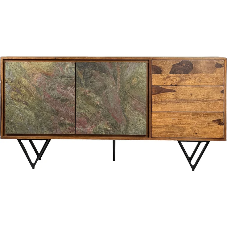 FineBuy Sideboard 175 x 71 x 40 cm Sheesham Massivholz Kommode mit Steinoptik Weiß, Hoher Kommodenschrank Modern, Standschrank mit 2 Türen und 3 Schubladen, Anrichte Wohnzimmer – Bild 6