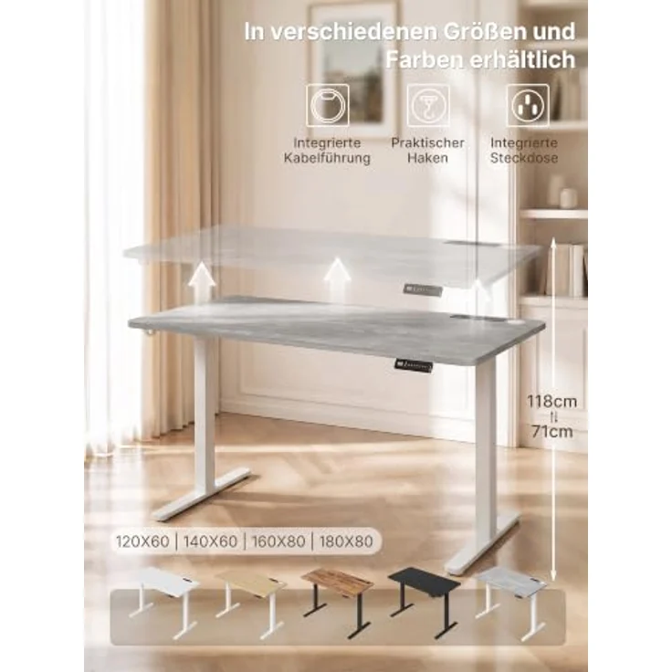 JUMMICO Höhenverstellbarer Schreibtisch 160x80 cm mit Steckdose | Schreibtisch Höhenverstellbar Elektrisch Stehtisch, Steh-Sitz Tisch, Bürotisch Computertisch für Home Office, Grau – Bild 2