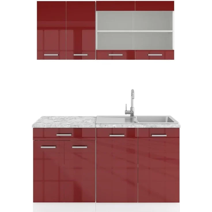 Singleküche R-Line Rot Hochglanz/Weiß 140 cm , AP Marmor Vicco – Bild 1