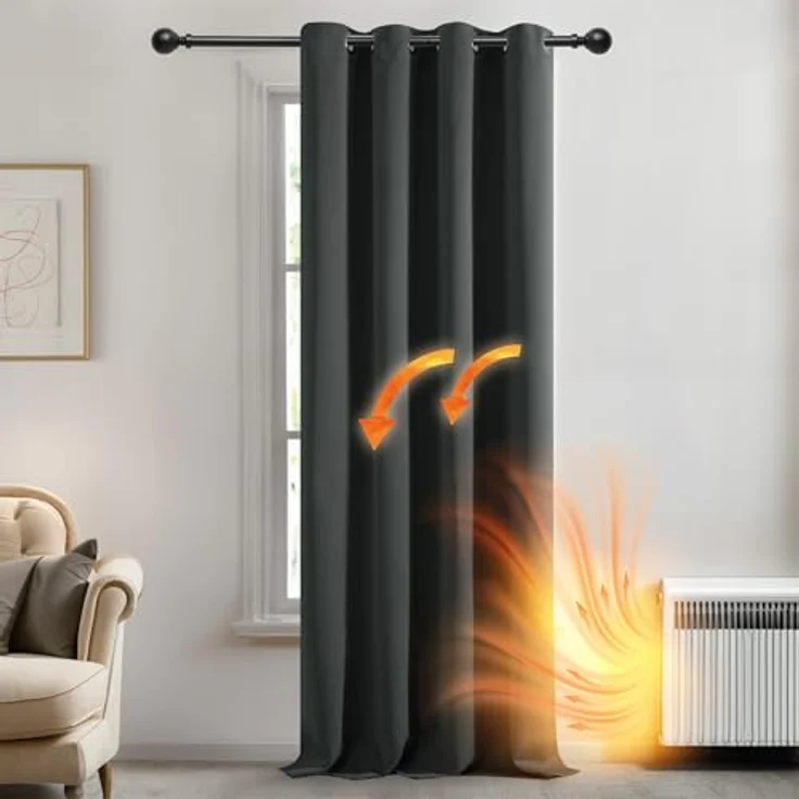 Deconovo Verdunkelungsvorhang Hitzeschutz Thermovorhang mit Ösen Dunkelgrau | 1 Stück, H260 x B140 cm, Ösenschal Vorhang, abdunkelnd, mit Sichtschutz, für Wohnzimmer und Schlafzimmer, Blackout Curtain – Bild 2