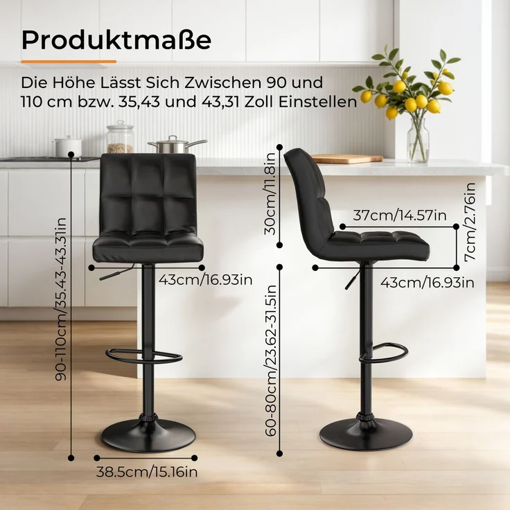 Botifly 2er Set Barhocker Schwarz Kunstleder, Höhenverstellbar 60-80cm, 360° Drehbare Barstühle mit Fußstütze, SGS-zertifizierte Gasdruckfeder, für Küche, Bar & Theke – Bild 4
