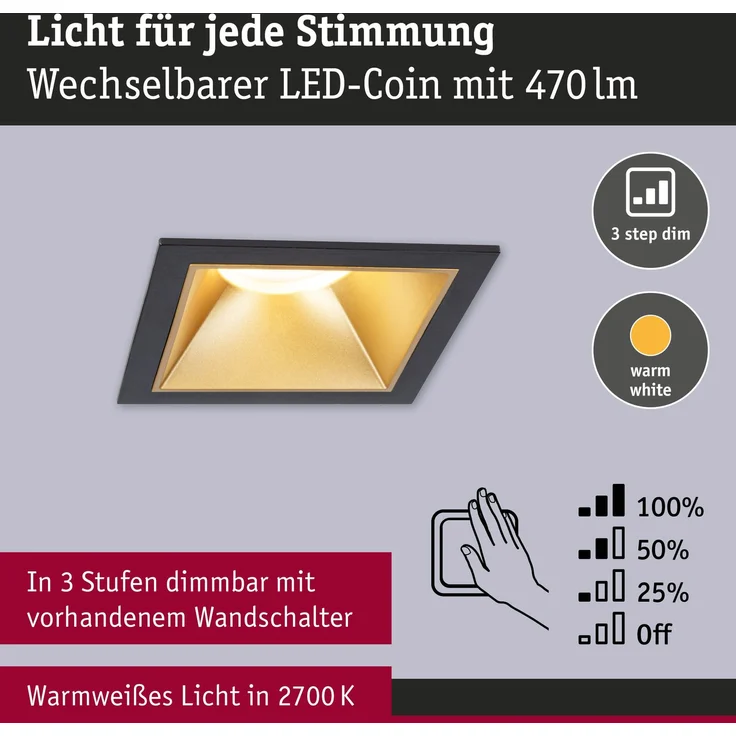 LED Einbauleuchte 3-Step-Dim Cole Coin 3er-Set IP44 eckig 88x88mm Coin 3x6W 3x470lm 230V dimmbar 2700K Schwarz, Gold matt – Bild 3