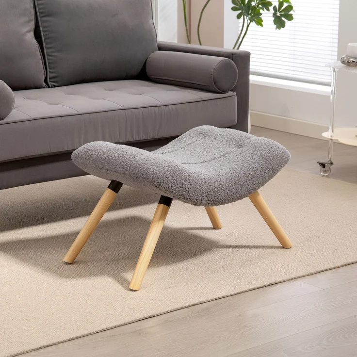MELAYR, Moderner Fußhocker mit Fleece-Bezug und Holzbeinen, gepolstert, für Wohnzimmer, 67 x 45 x 38 cm, Hellgrau – Bild 4