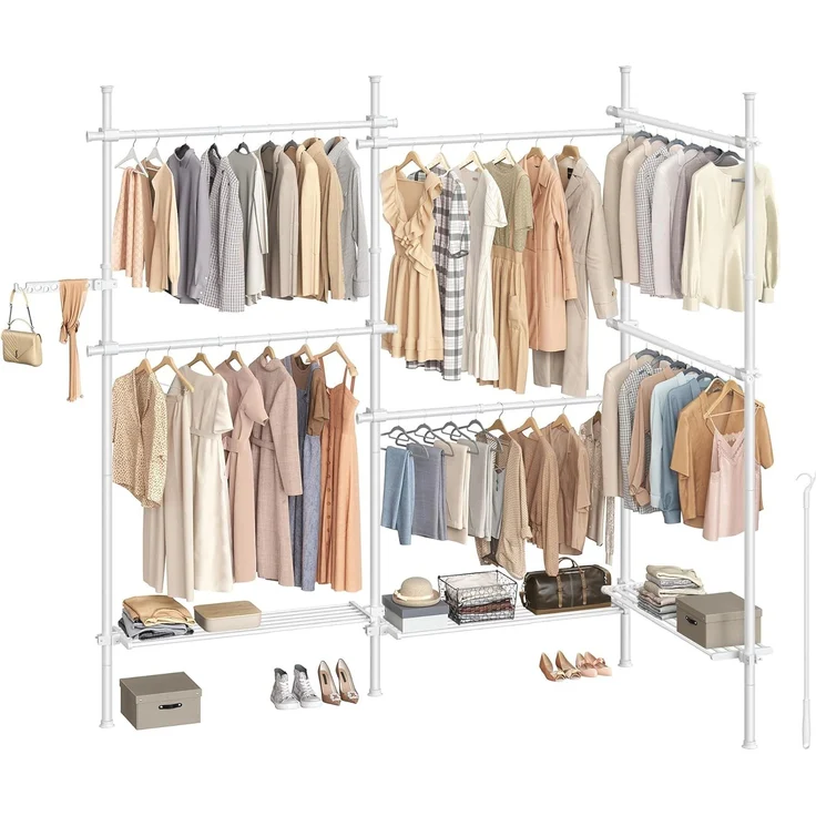 Songmics deckenhocher Kleiderständer, höhen- und breitenverstellbar, mit abnehmbaren Ablagen, Stahl / Kunststoff mattweiß, 33,5 x (240-353) x (208-310) cm – Bild 1