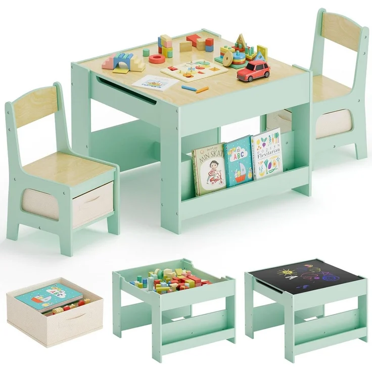 TLGREEN Kindersitzgruppe 3-in-1 Multifunktional mit Whiteboard & Kreidetafel, (Maltisch & Schreibtisch mit Großen Stauraum & Buchständer, Spieltisch für Lego Kinderzimmer), Klappbar, Sicher, für Jungen Mädchen ab 3-6 Jahren – Bild 1