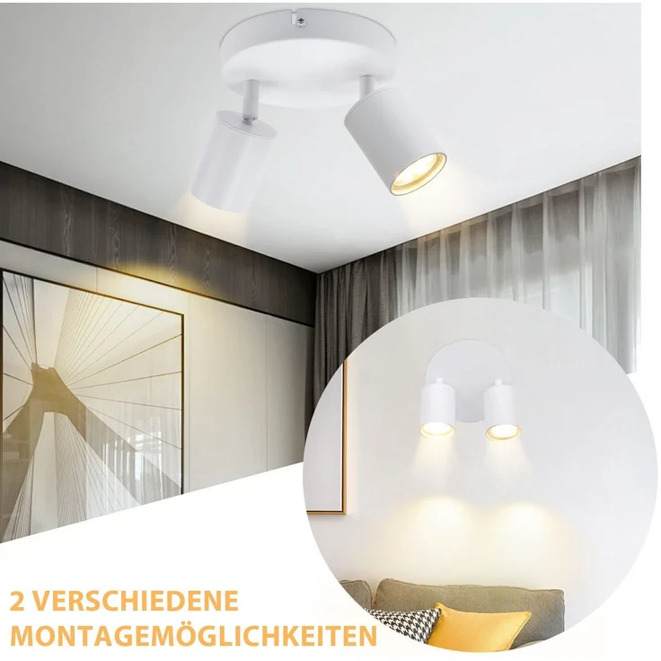 ZMH Deckenstrahler 2 Flammig Deckenleuchte Wohnzimmer: Modern Deckenlampe GU10 Strahler Rund Weiß Küchenlampe Flur Deckenspot Schwenkbar Innen Spot für Schlafzimmer Küche Ohne Leuchtmittel – Bild 6