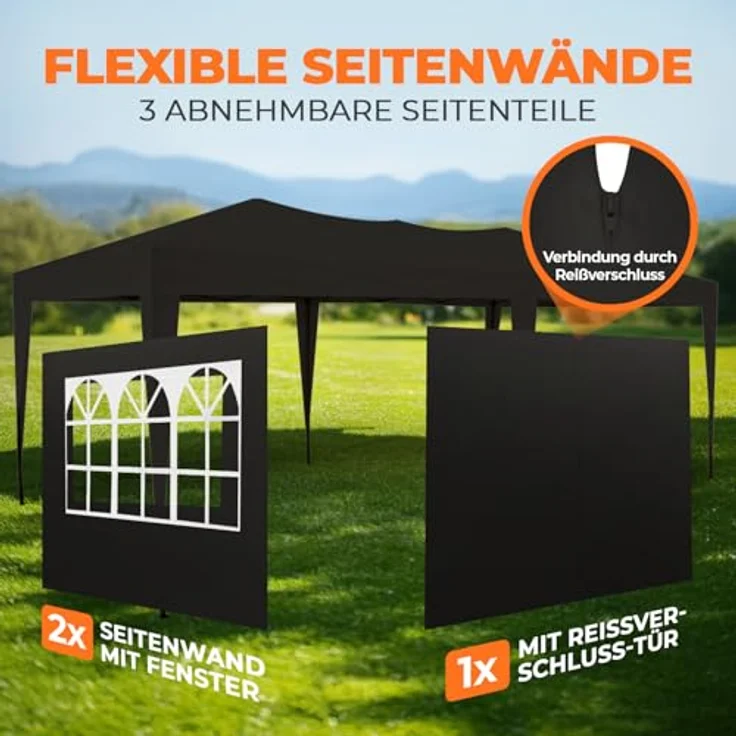 Kronenburg Faltpavillon wasserdicht Pavillon mit 3 Seitenteilen, Gartenzelt, 3x6 m - mit UV Schutz 50+, Schwarz – Bild 7