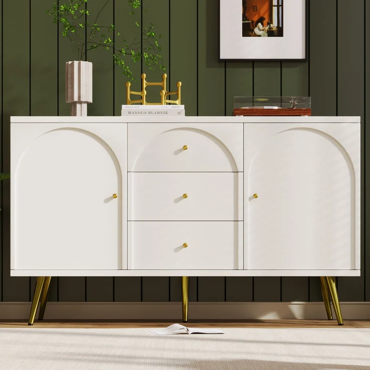 Kommode 140 cm mit gewölbten Schubladen, Sideboard mit höhenverstellbarem Fachboden, Drehtüren, Metallfüßen, Stauraum – Bild 4