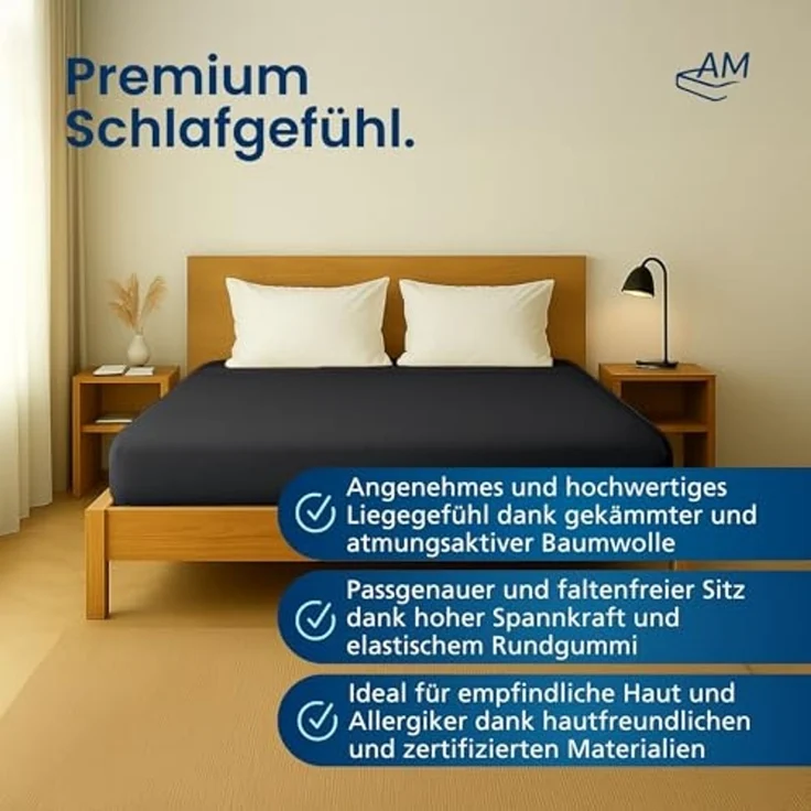 AM Qualitätsmatratzen Spannbettlaken Baumwolle in dunkelgrau, Bettlaken für Matratzen, Made in Germany, Baumwolle, Gummizug: rundum, (1 Stück), 100 x 200 x 30 – Bild 2