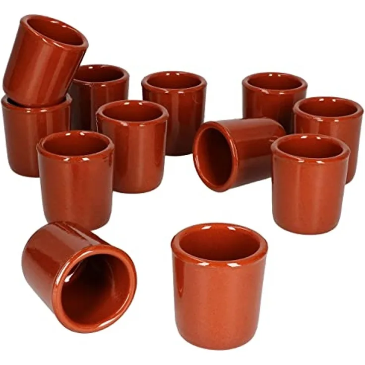 MamboCat 12er Ton Schnapsbecher 50 ml Vollglasiert Shot-Glas Mediterran Unikat Handarbeit Tonbecher