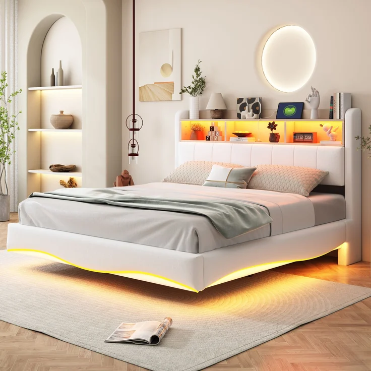 Beiges Schwebebett 160x200 cm Mit LED Beleuchtung Und USB Type C Anschlüssen Doppelbett Mit Stauraum Modernes Design 250 Kg Tragkraft – Bild 2