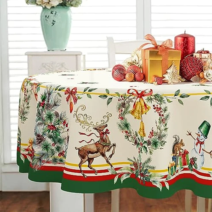 Yighty Ovale Weihnachtstischdecke, 137x183 cm, Weihnachtsbaum-Elch, Weihnachtsdekoration, Tischdecke, Polyester, wasserdicht und knitterfrei, langlebig, Weihnachtstischdecke für Küche, Winter und – Bild 3